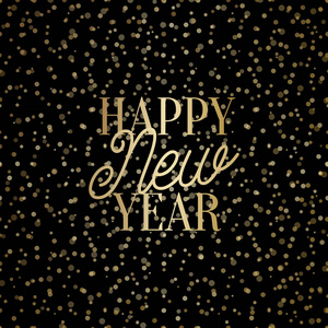 新年快乐广场贺卡模板与闪亮的金色灯光和文字黄金在黑色背景。 优雅的节日矢量传单小册子海报社交媒体帖子设计。