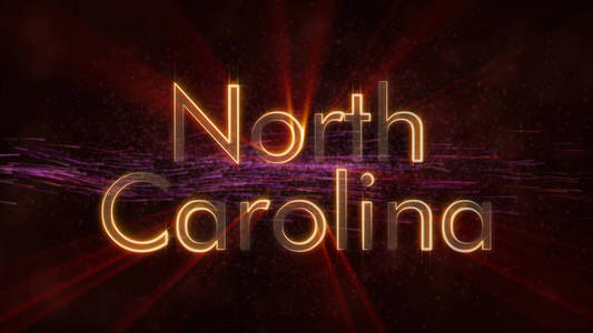 北卡罗来纳，美国国家名称，文字动画，闪亮的光线在文字的边缘，在背景上旋转和流动的星星