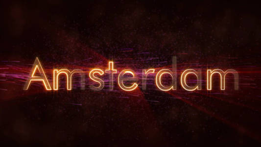 阿姆斯特丹，荷兰城市名称，文字动画，闪亮的光线，环绕在文字的边缘，背景上旋转和流动的星星