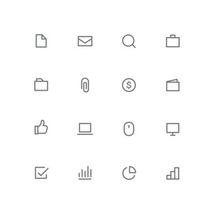 粗体轮廓图标设置文件信封放大文件夹回形夹钱包笔记本电脑鼠标检查标记图和图表符号。 商业和办公室矢量标志。