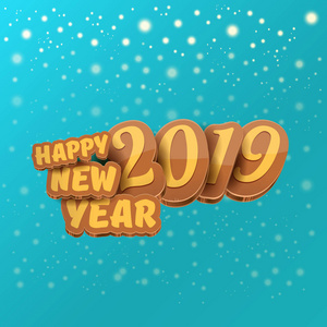 2019快乐新年创意设计背景或贺卡与丰富多彩的数字和问候文本。快乐的新年标签或图标隔离在蔚蓝的背景与飘落的雪和灯光