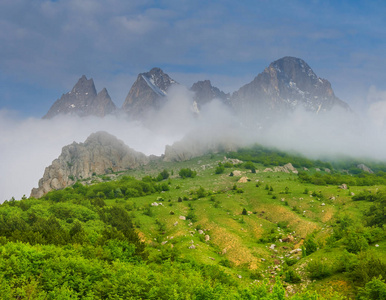 密雾中美丽的青山山谷