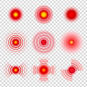 疼痛圈。身体疼痛的斑点标记。医学治疗偏头痛止痛药载体图标