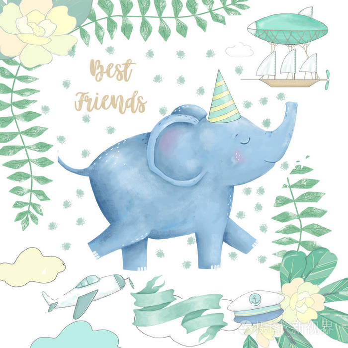 大象和花的设计准备卡夹艺术数字动物非洲可爱的绘画人物有趣的儿童