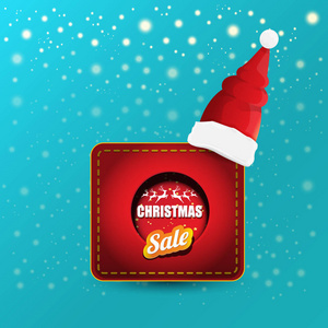 向量圣诞节销售纸横幅或标签标签与红色圣诞老人帽子在雪蔚蓝背景与下落的雪花。红色冬季圣诞销售海报设计模板或背景