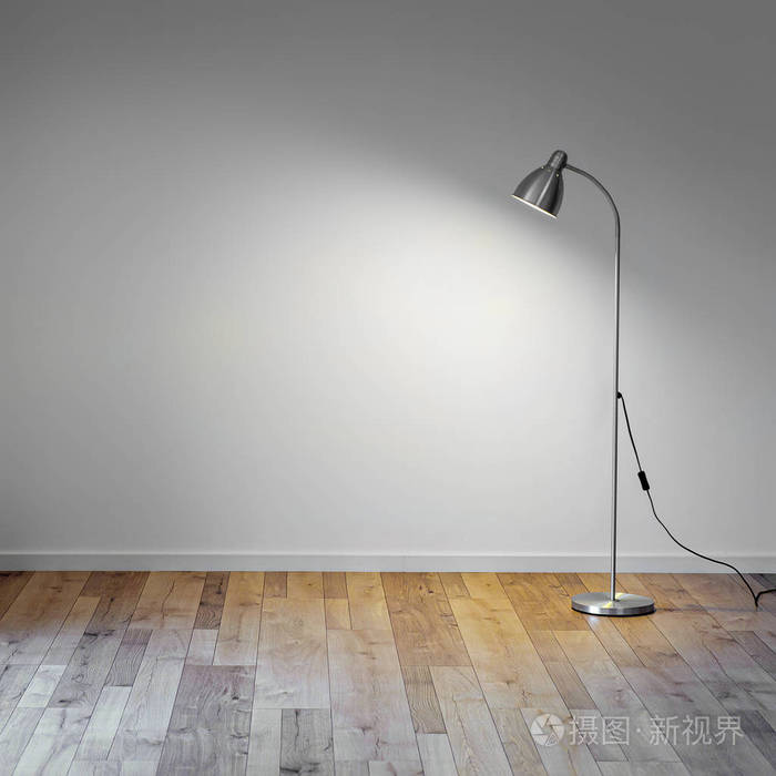 空房间里的金属落地灯, 白色墙壁上有阴影, 文字复制空间