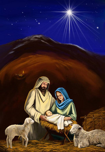 圣诞夜玛丽约瑟夫和耶稣的孩子的上帝象征基督教艺术插图手绘.照片