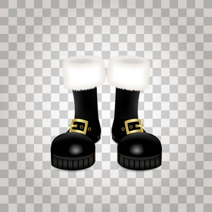 一双圣诞老人的正面黑色高靴。在透明背景上隔离的真实矢量插图图标