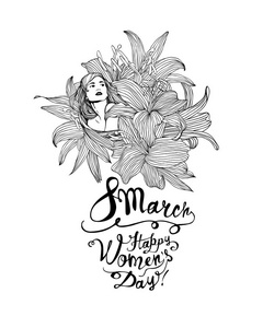 3月8日 女人节快乐。 百合花里的女孩。 矢量线性图