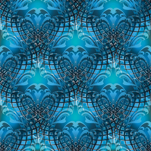现代巴洛克蓝色三维矢量无缝图案。 装饰性抽象面具背景。 重复格子装饰背景。 几何形状。 古典华丽的巴洛克维多利亚风格的花叶