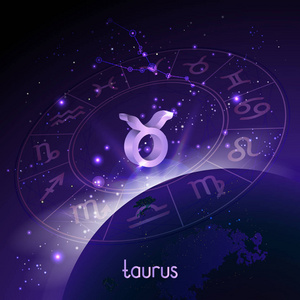 三维星座和星座金牛座的矢量插图与日出和地球的空间背景的透视.