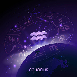 矢量插图的三维标志和水瓶座与星座圆透视与空间背景与日出和地球.