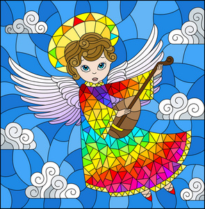彩色玻璃图案的插图，卡通彩虹天使在多云的天空中弹奏琵琶