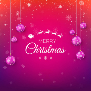 红色和紫色的圣诞贺卡。 白色的剪影飞行圣诞老人克劳斯与驯鹿雪橇装饰圣诞球和问候文字。 矢量插图
