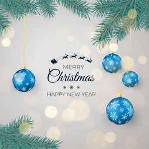 新年快乐背景季节性问候卡和横幅。 蓝色圣诞球挂在松枝上，问候文字。 矢量插图