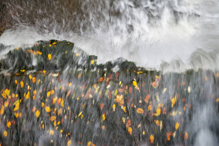 长曝光拍摄的小河流与秋叶瀑布。