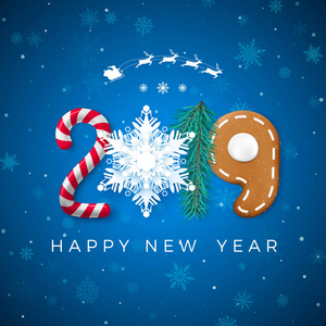创造性的节日新年刻字。 新年快乐2019年贺卡。 糖果和纸，雪花松和姜饼饼。 蓝色背景孤立的矢量插图
