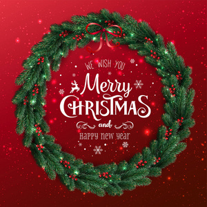 金色圣诞快乐印刷红色背景与圣诞花环的树枝浆果灯伯克。 圣诞主题。 矢量插图