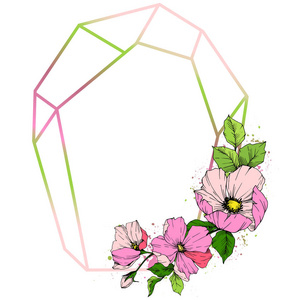 向量粉红色罗莎卡尼娜花。野生春叶野花分离。雕刻的水墨艺术。框架边框装饰正方形