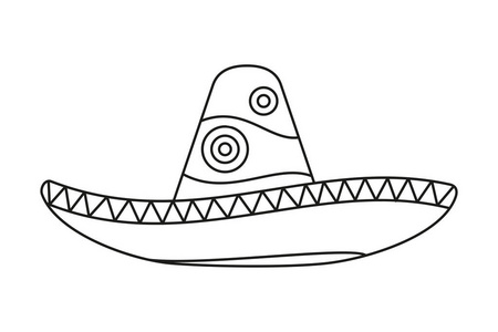 线条艺术黑白墨西哥帽子。 嘉年华服装。 墨西哥主题矢量插图图标邮票标签徽章证书传单海报小册子或横幅装饰