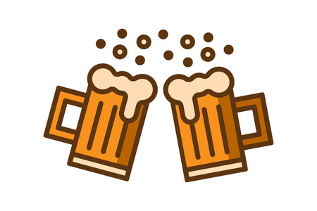 两杯啤酒在吐司上咯咯作响，溅起啤酒泡沫。 插图设计菜单餐厅酒吧海报为啤酒节工艺酿造横幅