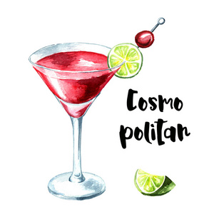 国际鸡尾酒与石灰和鸡尾酒樱桃. 水彩画手绘插图分离白色背景照片