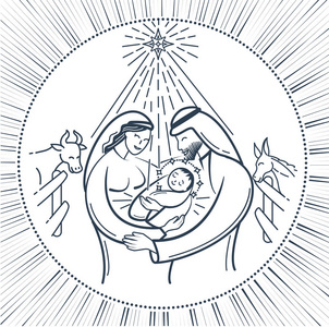 圣经场景黑白插图耶稣基督的诞生.神圣的家庭.