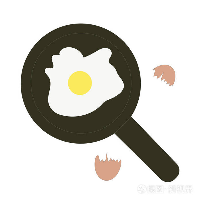 炒鸡蛋在煎锅和鸡蛋壳分离的白色背景.平面简单样式矢量图