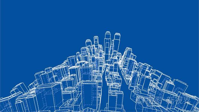 线框扭曲的城市, 蓝图风格.向量