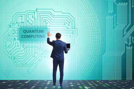 量子计算概念中的商人按下虚拟按钮