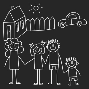 幸福的家庭与房子。孩子绘画样式向量例证查出在黑板背景。母亲, 父亲, 姐妹, 兄弟