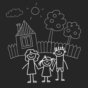 幸福的家庭与房子孩子绘画样式向量例证查出在黑板背景母亲父亲姐妹