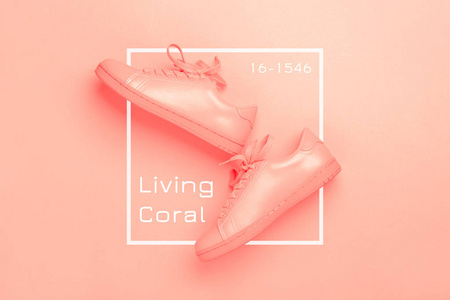 珊瑚色背景下珊瑚鞋的配对。时尚生活珊瑚颜色的2019年。单色图像。