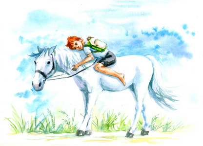 白马和一个男孩骑着她的脖子,水彩画照片