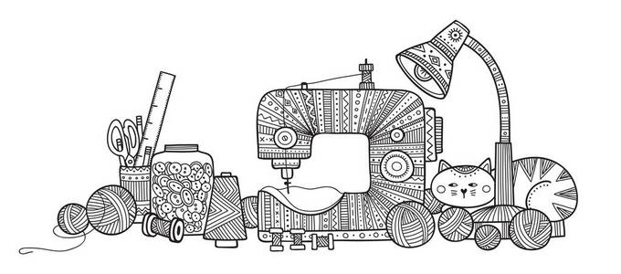 针线工具的矢量图。 可用作贴纸图标标志设计模板着色页面。