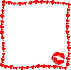 矢量红色和白色复古边界相框的心与吻痕剪影在角落。 模板与情人节或结婚邀请剪贴簿元素框架的复制空间