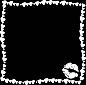 矢量黑白复古边界相框的心与吻痕剪影在角落。 单色模板与复制空间的情人节或婚礼邀请剪贴簿元素