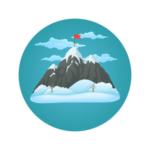 雪山上有三座山峰,山顶上有红旗,雪覆盖着小山,蓝色的圆圈上有云.