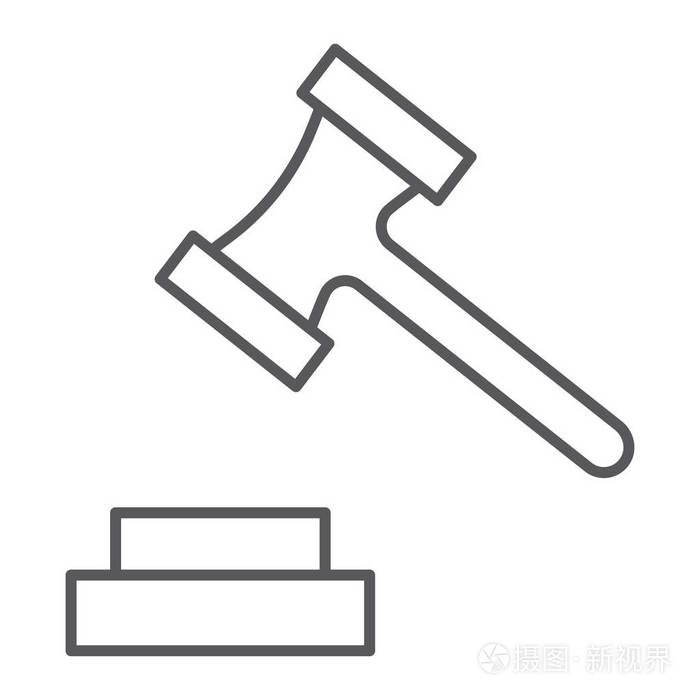插画 拍卖细线图标, 正义和法律, 锤子符号, 矢量图形, 在白色背景的