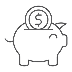 小猪银行细线图标, 金融和经济, 货币符号, 矢量图形, 在白色背景的线性图案