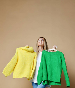 女人购物圣诞销售选择之间的两个毛衣衬衫绿色和黄色快乐的笑容