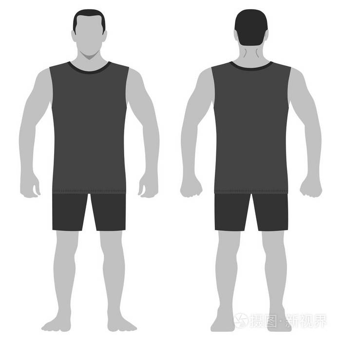时尚男士全身全长模板图形剪影短裤和t恤(正面背面视图)矢量插图隔离