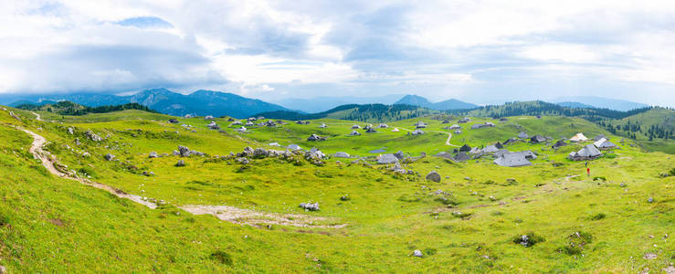 斯洛文尼亚韦利卡平原大高原农业牧场附近的城市卡姆尼克在斯洛文尼亚阿尔卑斯山。 牧民使用的绿色土地上的木屋。 大草原山村