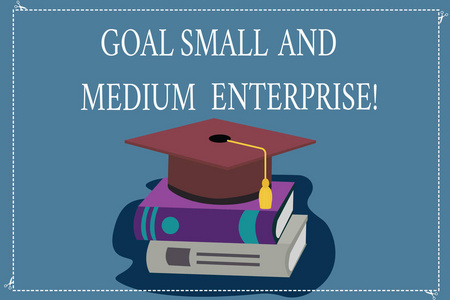 文字写作文本目标中小企业。商业理念为 sime 成长的初创企业新的企业颜色毕业帽与 tassel 3d 学术帽照片休息在书籍上