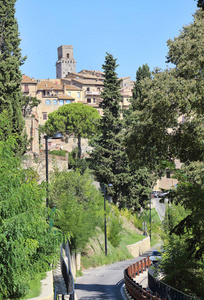 意大利圣吉米尼亚诺镇的塔楼和房屋从通往它的道路上的树木中看到