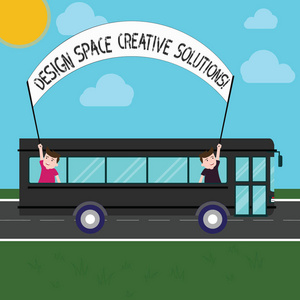 手写文本设计空间创意解决方案。概念意味着创造性的想法发明两个孩子在校车内举行横幅棒一日游