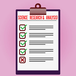 显示科学研究和分析的文本符号。概念照片实验室医学调查实验带复选框照片空白复制空间的内衬彩色垂直剪贴板