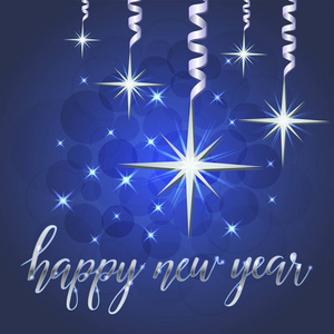 灿烂的矢量插图的星星和闪闪发光的蓝色背景与圣诞装饰球手信新年快乐，问候横幅海报明信片。 EPS10