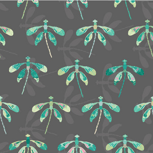 收集五颜六色的蜻蜓排列成排，它们的轮廓在背景中以民间艺术风格排列。 无缝重复矢量模式。 理想的家居装饰服装，儿童纸品包装。
