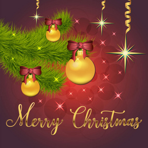 灿烂的矢量插图的星星和闪闪发光的红色背景与圣诞节装饰球，云杉枝，手写圣诞快乐横幅海报。 EPS10